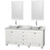 Acclaim 72 In. Double Vanity in White with Top in Carrara White with White Sinks and Mirrors