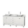 Acclaim 72 In. Double Vanity in White with Top in Carrara White with White Sinks and No Mirrors