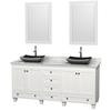 Acclaim 72 In. Double Vanity in White with Top in Carrara White with Black Sinks and Mirrors