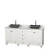 Acclaim 72 In. Double Vanity in White with Top in Carrara White with Black Sinks and No Mirrors