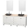 Acclaim 80 In. Double Vanity in White with Top in Ivory with Black Sinks and Mirrors