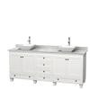 Acclaim 80 In. Double Vanity in White with Top in Carrara White with White Sinks and No Mirrors