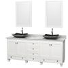 Acclaim 80 In. Double Vanity in White with Top in Carrara White with Black Sinks and Mirrors