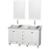 Acclaim 60 In. Double Vanity in White with Top in Carrara White with White Sinks and Mirrors