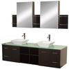 Avara 72 In. Vanity in Espresso with Double Basin Glass Vanity Top in Aqua and Medicine Cabinets