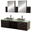 Avara 72 In. Vanity in Espresso with Basin Glass Top in Aqua with Black Basins and Medicine Cabinets