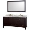 Audrey 72 In. Vanity in Espresso with Double Basin Marble Vanity Top in Carrera White and Mirror