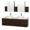 Amare 72 In. Double Vanity in Espresso with Man-Made Stone Top in White and Bone Porcelain Sinks