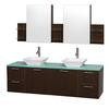 Amare 72 In. Double Vanity in Espresso with Glass Vanity Top in Aqua and White Porcelain Sinks