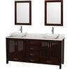 Lucy 72 In. Double Vanity in Espresso with Marble Vanity Top in Carrara White and Mirrors