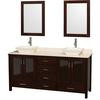 Lucy 72 In. Vanity in Espresso with Marble Vanity Top in Ivory with Bone Porcelain Sinks and Mirrors
