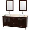 Lucy 72 In. Vanity in Espresso with Marble Top in Ivory with White Porcelain Sinks and Mirrors