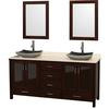 Lucy 72 In. Vanity in Espresso with Marble Vanity Top in Ivory with Black Granite Sinks and Mirrors
