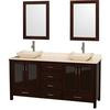 Lucy 72 In. Vanity in Espresso with Marble Vanity Top in Ivory with Ivory Marble Sinks and Mirrors