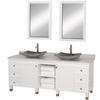 Premiere 72 In. Vanity in White with Marble Top in Carrara White with Black Granite Sinks and Mirrors