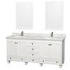 Acclaim 72 In. Double Vanity in White with Top in Carrara White with Square Sinks and Mirrors