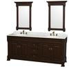 Andover 80 In. Vanity in Dark Cherry with Marble Vanity Top in Carrera White with Sinks and Mirrors