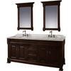 Andover 72 In. Vanity in Dark Cherry with Double Basin Marble Top in Carrera White and Mirrors