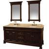 Andover 72 In. Vanity in Dark Cherry with Double Basin Marble Vanity Top in Ivory and Mirrors