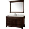 Andover 55 In. Vanity in Dark Cherry with Marble Vanity Top in Carrera White and Mirror