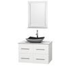 Centra 36 In. Single Vanity in White with White Carrera Top with Black Granite Sink and 24 In. Mirror