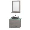 Centra 30 In. Single Vanity in Gray Oak with Green Glass Top with Black Granite Sink and 24 In. Mirror