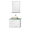 Centra 30 In. Single Vanity in White with Green Glass Top with Bone Porcelain Sink and 24 In. Mirror