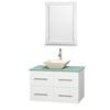 Centra 36 In. Single Vanity in White with Green Glass Top with Bone Porcelain Sink and 24 In. Mirror