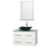 Centra 36 In. Single Vanity in White with Green Glass Top with Black Granite Sink and 24 In. Mirror