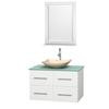 Centra 36 In. Single Vanity in White with Green Glass Top with Ivory Sink and 24 In. Mirror