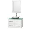 Centra 36 In. Single Vanity in White with Green Glass Top with White Carrera Sink and 24 In. Mirror