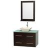 Centra 36 In. Single Vanity in Espresso with Green Glass Top with Bone Porcelain Sink and 24 In. Mirror