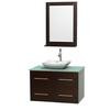 Centra 36 In. Single Vanity in Espresso with Green Glass Top with White Carrera Sink and 24 In. Mirror