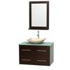 Centra 36 In. Single Vanity in Espresso with Green Glass Top with Ivory Sink and 24 In. Mirror
