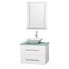 Centra 30 In. Single Vanity in White with Green Glass Top with White Porcelain Sink and 24 In. Mirror