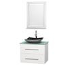 Centra 30 In. Single Vanity in White with Green Glass Top with Black Granite Sink and 24 In. Mirror