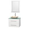 Centra 30 In. Single Vanity in White with Green Glass Top with Ivory Sink and 24 In. Mirror