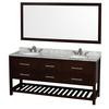 Natalie 72 In. Double Vanity in Espresso with White Carrera Top with Oval sinks and 70 In. Mirror