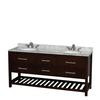Natalie 72 In. Double Vanity in Espresso with White Carrera Top with Oval sinks and No Mirror