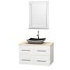 Centra 36 In. Single Vanity in White with Ivory Marble Top with Black Granite Sink and 24 In. Mirror