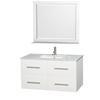 Centra 42 In. Single Vanity in White with White Carrera Top with Square Sink and 36 In. Mirror