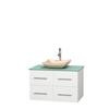 Centra 36 In. Single Vanity in White with Green Glass Top with Ivory Sink and No Mirror