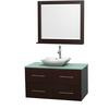 Centra 42 In. Single Vanity in Espresso with Green Glass Top with White Carrera Sink and 36 In. Mirror