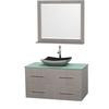 Centra 42 In. Single Vanity in Gray Oak with Green Glass Top with Black Granite Sink and 36 In. Mirror