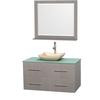 Centra 42 In. Single Vanity in Gray Oak with Green Glass Top with Ivory Sink and 36 In. Mirror