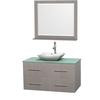 Centra 42 In. Single Vanity in Gray Oak with Green Glass Top with White Carrera Sink and 36 In. Mirror