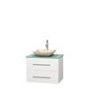 Centra 30 In. Single Vanity in White with Green Glass Top with Ivory Sink and No Mirror