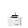 Centra 36 In. Single Vanity in White with White Carrera Top with Black Granite Sink and No Mirror