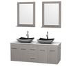 Centra 60 In. Double Vanity in Gray Oak with White Carrera Top with Black Granite Sinks and 24 In. Mirrors