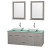 Centra 60 In. Double Vanity in Gray Oak with Green Glass Top with White Porcelain Sinks and 24 In. Mirrors
